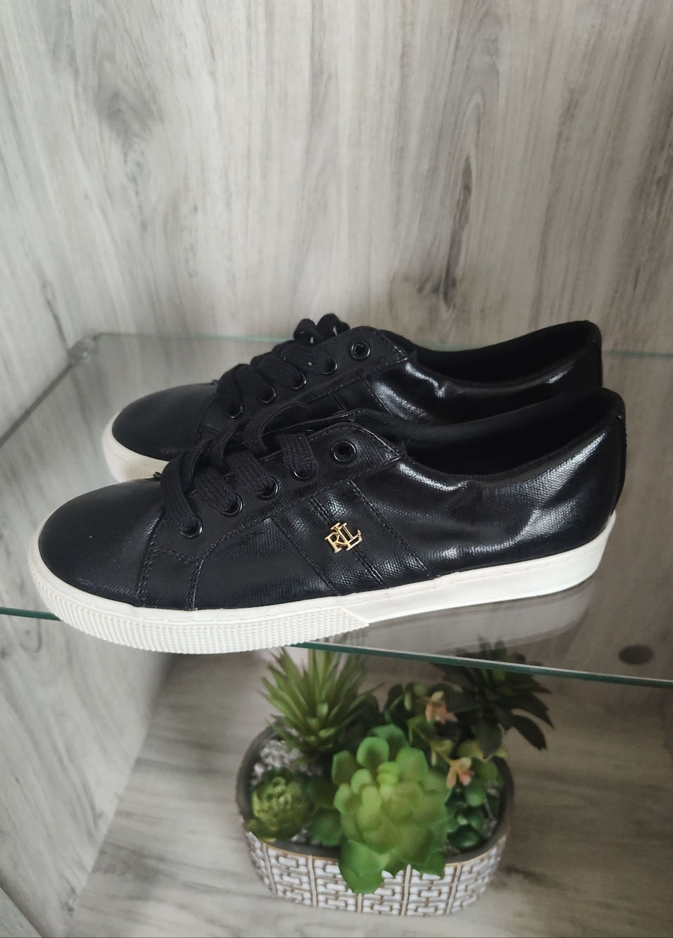 Ralph Lauren Black Shiny Coated Canvas Sneaker with White Sole SZ 6 New Sample